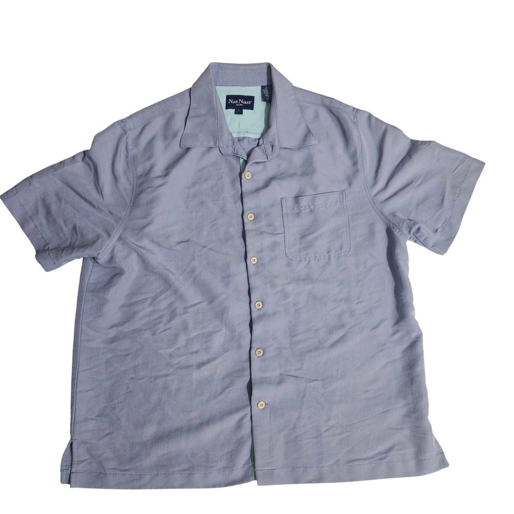 Nat Nast Mens Large Blue Herringbone Rayon Blend Short Sleeve Camp Shirt 8550048